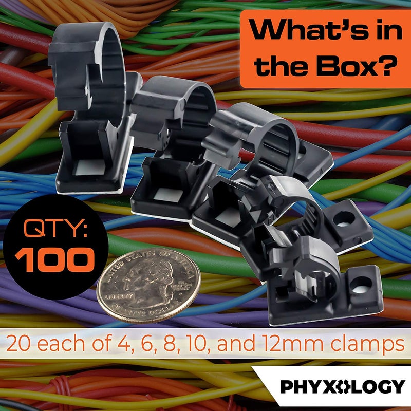 PHYXOLOGY SUPPLY - Pro-Grade, Adhesive-Backed Cable Clamps. Multi-Size Set of 20x 4, 6, 8, 10 and 12 mm Black Clips - Wire Management, Cord Organization - Home and Office Tools-Free Install (100 Pk) - Image 3